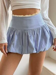 DAZY Chân váy ngắn phối ren và sọc hoa tương phản, kiểu dáng thường ngày nữ tính, dài đến đầu gối, thích hợp cho mùa xuân/hè. - Màu xanh lam - Xem 3