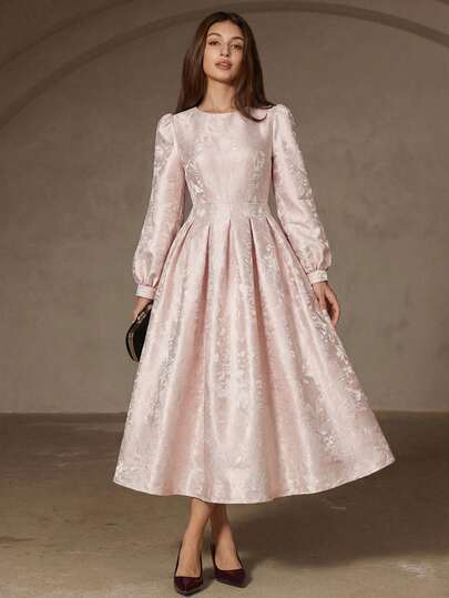 Aveloria Rosie Vestido de manga larga elegante para mujer con cuello redondo, cintura recogida y tela jacquard de contraste en rojo y negro