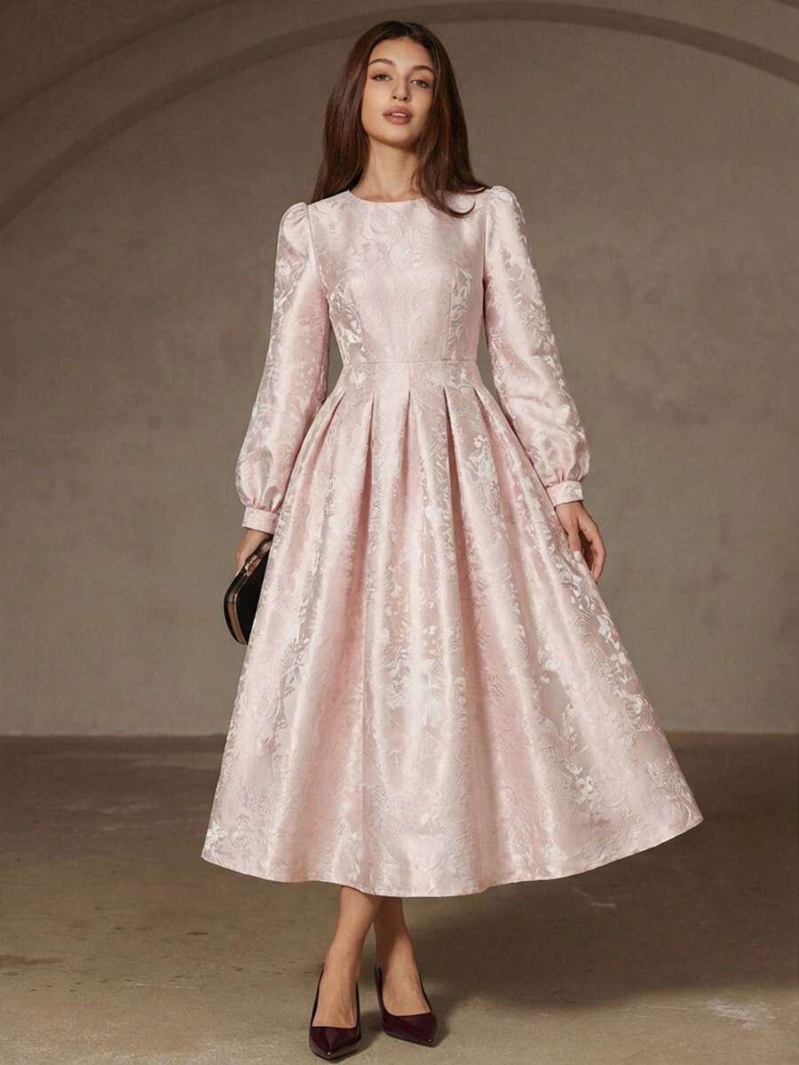 Aveloria Rosie Red & Black Contrast Color Jacquard Fabric Round Neck Waist Gathered Dress, Elegant Long Sleeve Women Dress - Pink - View 1