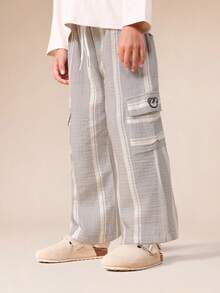 SUMWON Boys Striped Wide Leg Cargo Pants With Side Pockets Casual Comfortable Cotton Linen Feel Elastic Waist Summer Spring Lightweight Breathable Full Length Trouser - Black - View 5