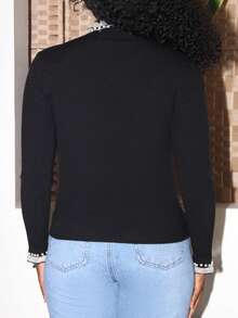 Steph T 女士网眼拼接仿珍珠立领修身长袖套头毛衣 - 黑色 - 查看 2