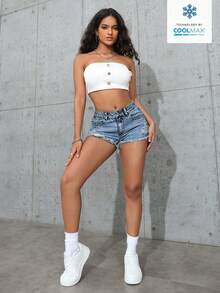 SHEIN PETITE Quần short denim rách tua rua kiểu cổ điển, quần short denim có túi, đa năng cho mùa hè. - Rửa nhẹ - Xem 4