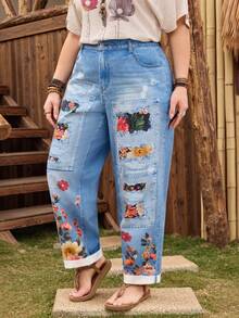 Plus Size Women Casual Comfortable Mid-Blue Printed Jeans - Medium Wash - View 3