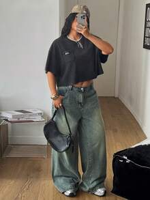 Coolane 女士加大码夏季节日街头风复古Y2K脏旧圆领短袖T恤 - 黑色 - 查看 2