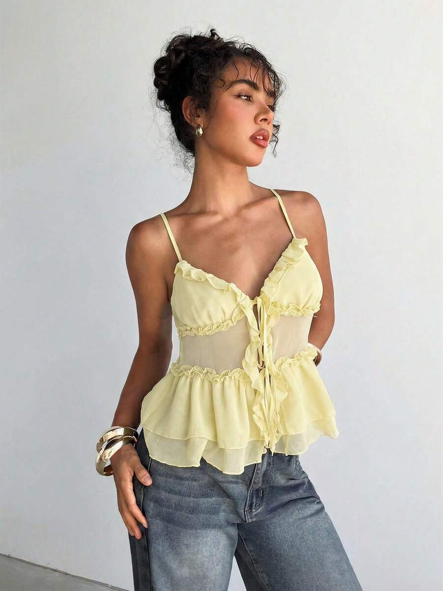 Aloruh Camiseta de mujer de unicolor con parches de malla, de moda - Amarillo claro - Ver 1