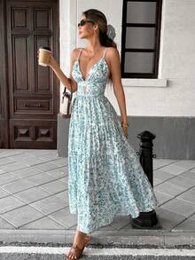 Pariaura 女士吊带拼接宽松下摆长款休闲度假连衣裙 - 淺藍色 - 查看 6