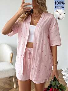 SHEIN LUNE 两件套女士休闲100%纯棉爱心印花短袖开衫和短裤套装 - 彩色 - 查看 4