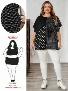 SHEIN CURVE+ 大码女式波点印花拼接蝙蝠袖衬衫 - 黑與白 - 查看 1