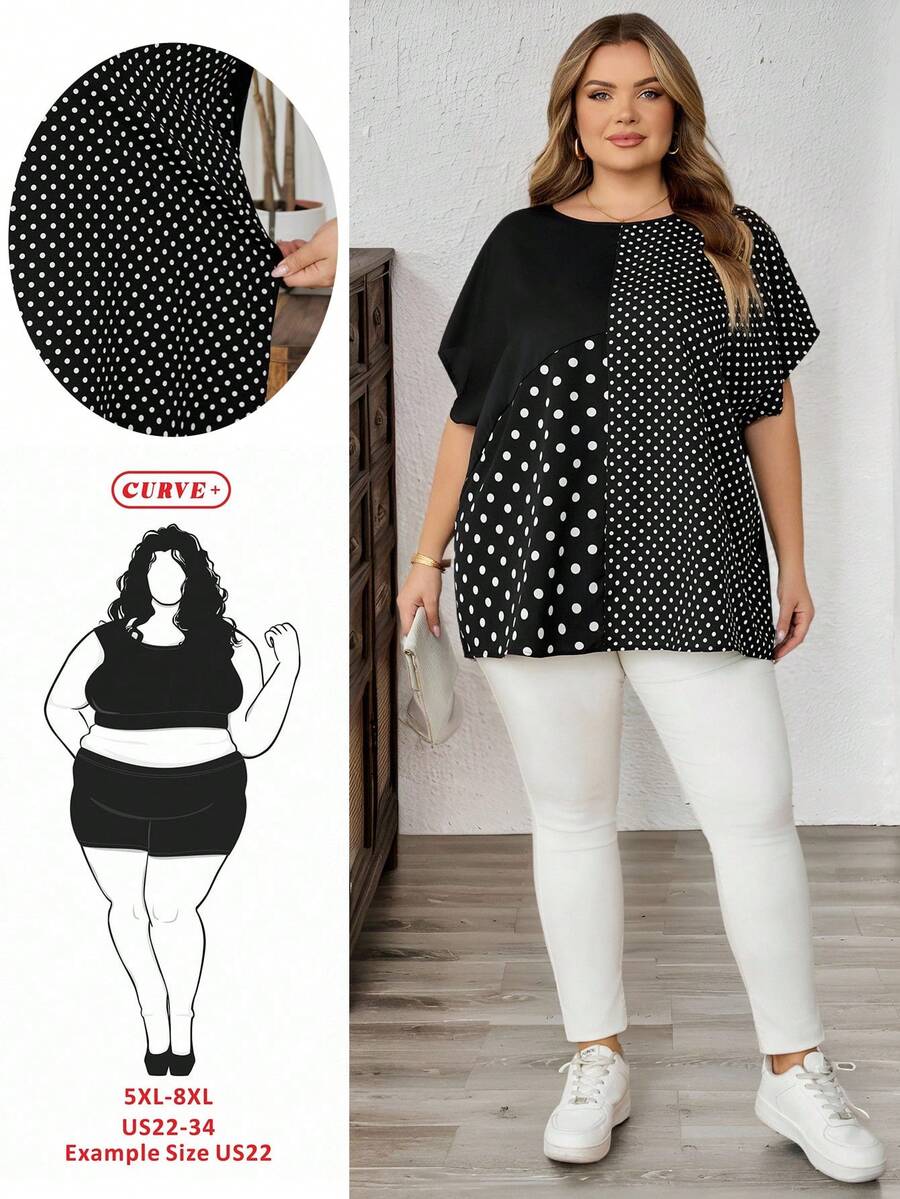 SHEIN CURVE+ 大码女式波点印花拼接蝙蝠袖衬衫 - 黑與白 - 查看 1