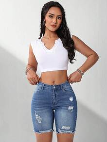 Flexra Women's Pocket Distressed Frayed Hem Skinny Casual Denim Shorts - Medium Wash - View 3
