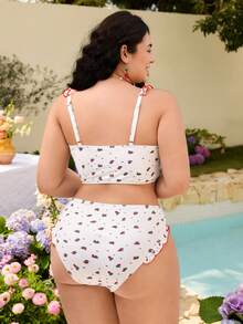 Swim Mod Conjunto de tankini con volantes con estampado floral diminuto para vacaciones de verano en tallas grandes - Blanco - Ver 3