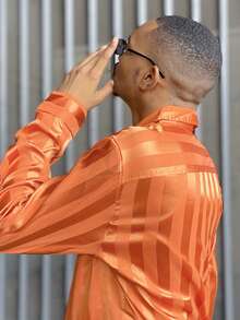 Ngobest Haus Ngobest Haus 男士条纹印花纽扣前休闲长袖衬衫，秋季 - 橘色 - 查看 3