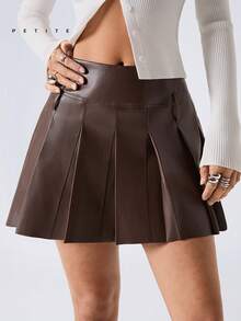 Women's Fashionable Vintage PU Leather Pleated Mini Skirt, Summer - Coffee Brown - View 5