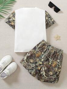 SHEIN 2件套男童休闲树叶印花圆领短袖短裤套装，夏季 - 彩色 - 查看 2