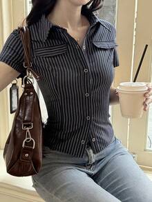 Blusa formal ajustada de manga corta con cuello y rayas para mujer, estilo veraniego Y2K - Azul - Ver 4