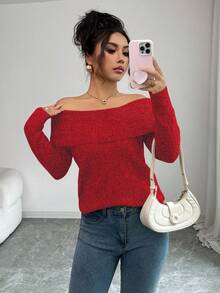 Elenzga Sexy American Style Collared Off-Shoulder Fitted Knit Long Sleeve Top, High-End Niche Design, Suitable For Autumn/Winter - Red - View 5