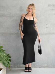 Arliah 女士修身挂脖美人鱼连衣裙，黑色长款女士服装 - 黑色 - 查看 1