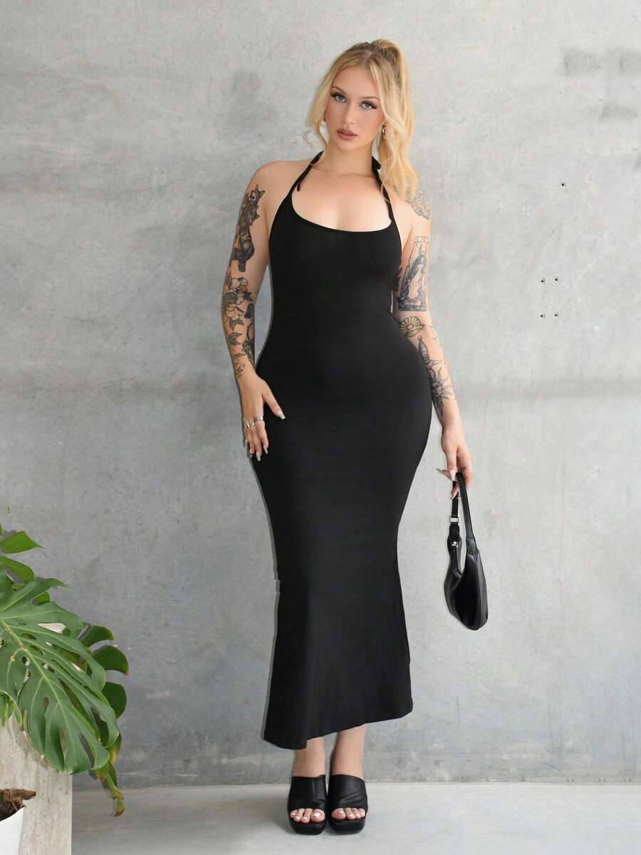 Arliah 女士修身挂脖美人鱼连衣裙，黑色长款女士服装 - 黑色 - 查看 1