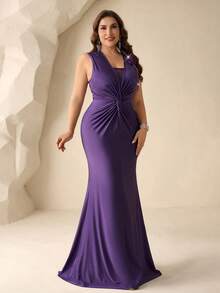 Coutiva Plus Size Women's Formal Party Evening Dress (Heavily Embellished) Purple Plus Size Dress Plus Size Evening Gown Curve Formal Evening Gown Curve Plus Formal Dress Bridesmaid Dress Plus Size  Graduation Ceremony, School Opening, Music Festival, Birthday Party, Wedding, Afternoon Tea Gathering, Ball - Purple - View 4