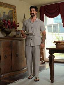 DAZY Conjunto de pijama casual de camisa de manga corta y pantalones para hombre, beige, para verano - Beis - Ver 4