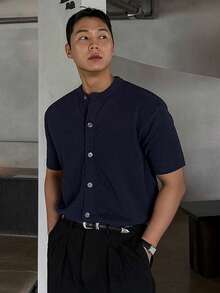 DAZY 男士纯色藏蓝色圆领针织开衫，夏季 - 藏蓝色 - 查看 5