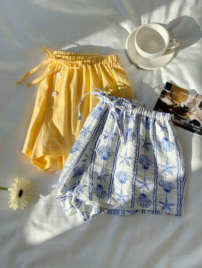 Comfortcana 2条装女士抽绳腰带休闲百搭日常短裤