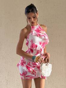 Bluhae Women's Floral Print Ruffle Neck Backless Mini Dress - Pink - View 4