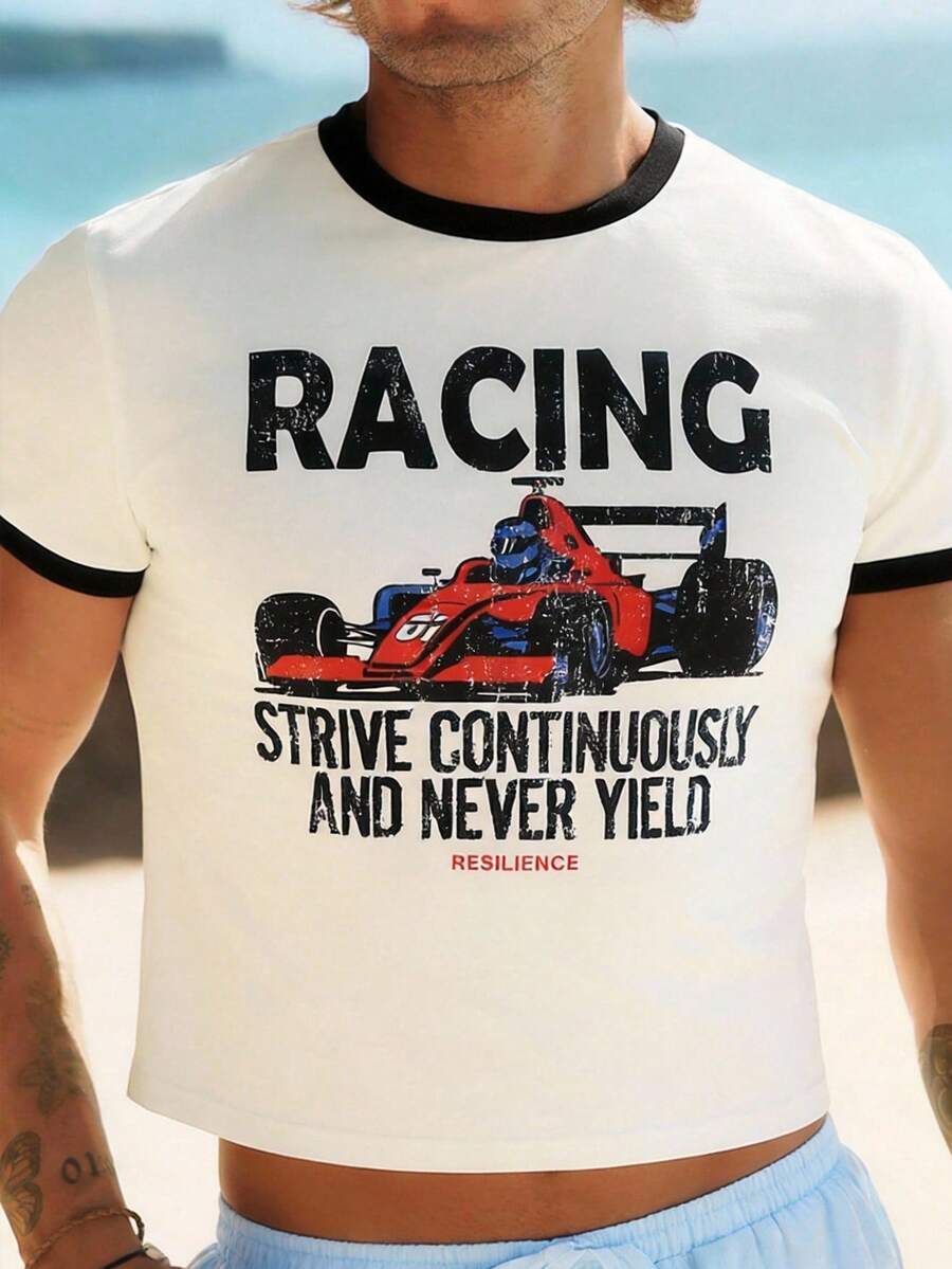 HIMLAND Men's Casual Racing Slogan Print Short Sleeve T-Shirt, Summer - White - View 1
