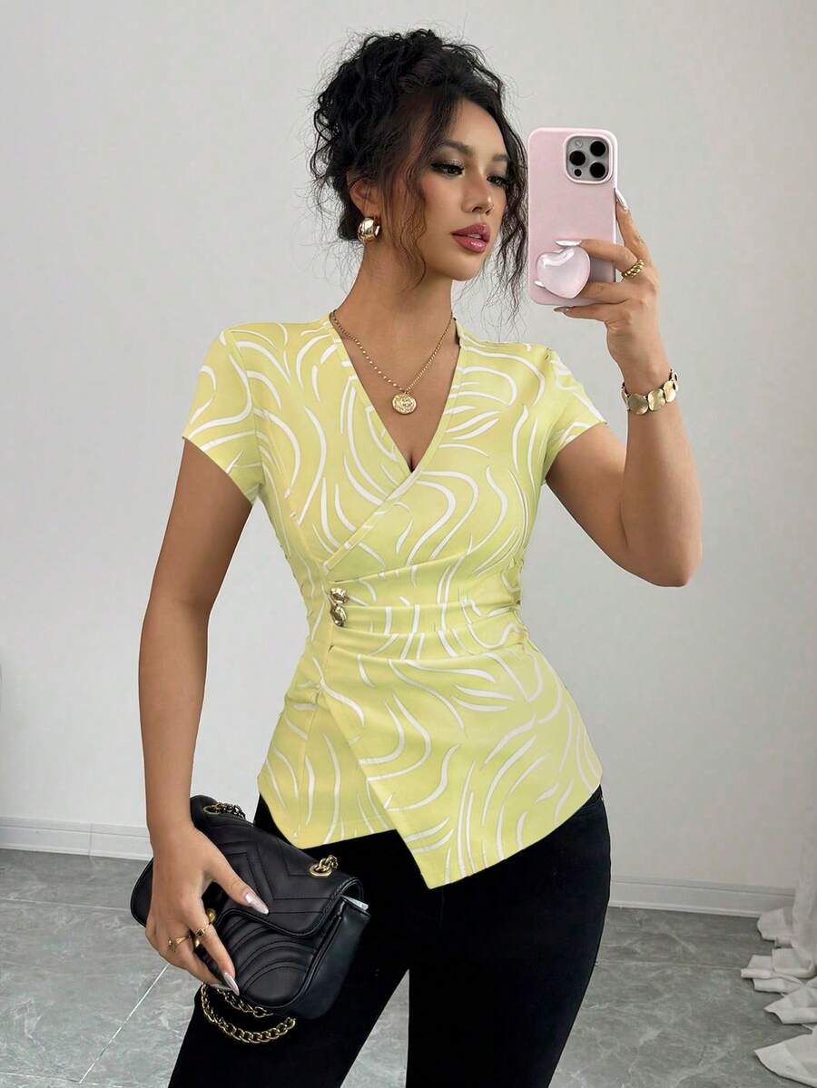 Elenzga Áo kiểu nữ tay ngắn thanh lịch, đính kim loại, xếp ly, thích hợp cho đi làm hàng ngày, đi chơi, hẹn hò, áo nỉ Halloween, đi học, Lễ Tạ ơn. - Nhiều màu - Xem 1