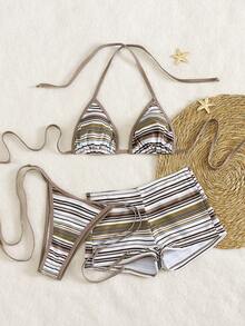 3件套女士挂脖条纹系带吊带背心式泳衣套装，含平角泳裤，沙滩度假比基尼，春夏款 - 彩色 - 查看 4