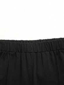 SHEIN 少女休闲日常黑色针织数字67印花圆领宽松落肩褶皱简约套头卫衣和短裤两件套 - 黑色 - 查看 5