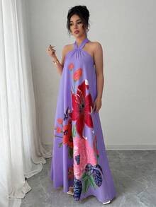 Elenzga 嘉年华紫色无袖系带A字连衣裙，优雅浪漫的假日花卉印花 - 彩色 - 查看 3