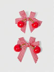 ROMWE Kawaii 2pcs Cute Cherry Bow Hair Clips, Korean Fashion Hair Accessories Suitable For Everyday Use, Affordable, Claw Clips, Hair Claws, Hair Slide, Hair Barrettes, Fall Fashion, Autumn, Winter Outfit For Women, Bows - Red - View 2