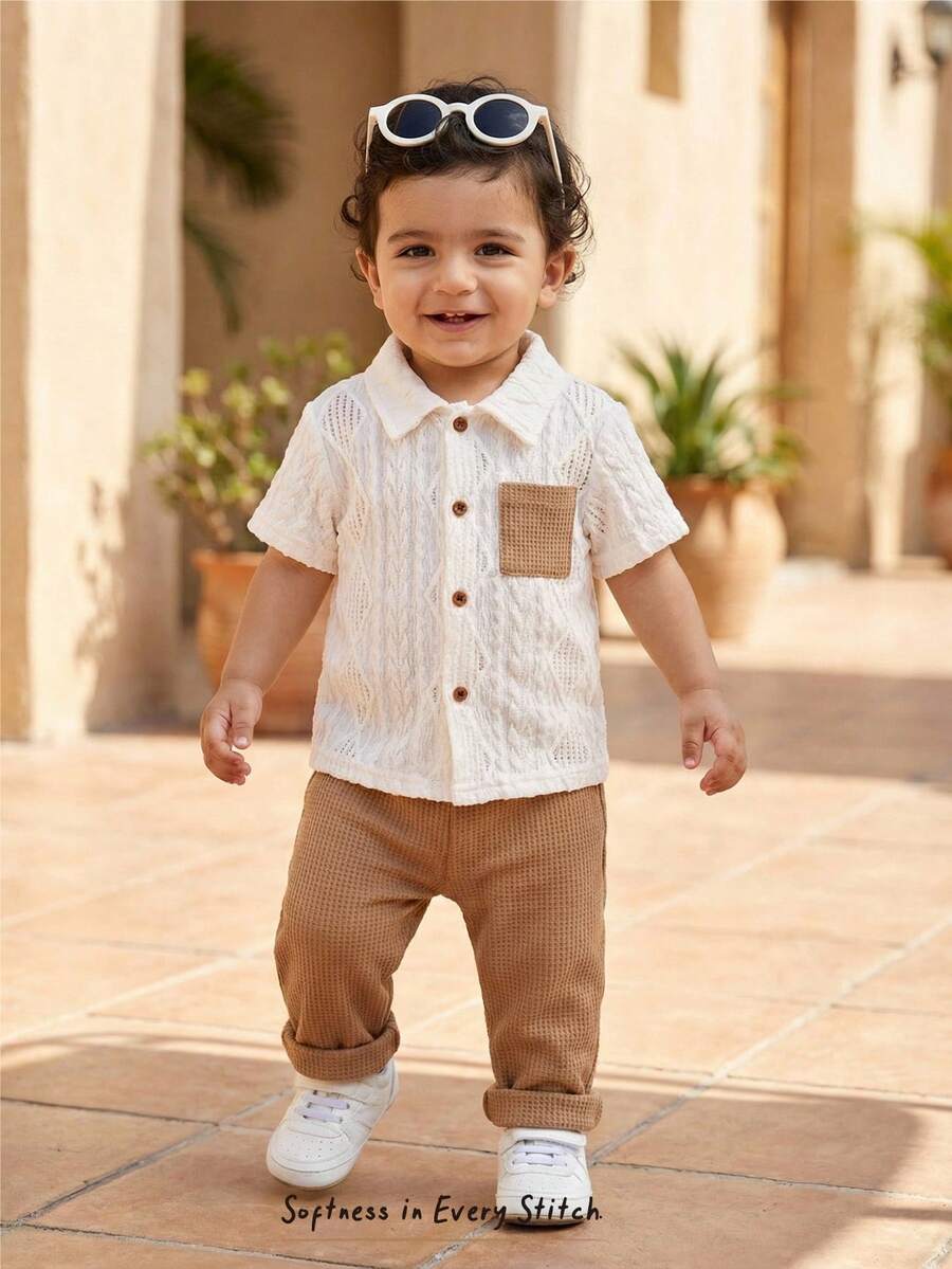 Cozy Pixies 2 Stücke Baby Jungen Set aus einfarbiger Polokragen Kurzarm Strickjacke und Shorts mit Gummibund - Aprikosenfarben - Übersicht 1