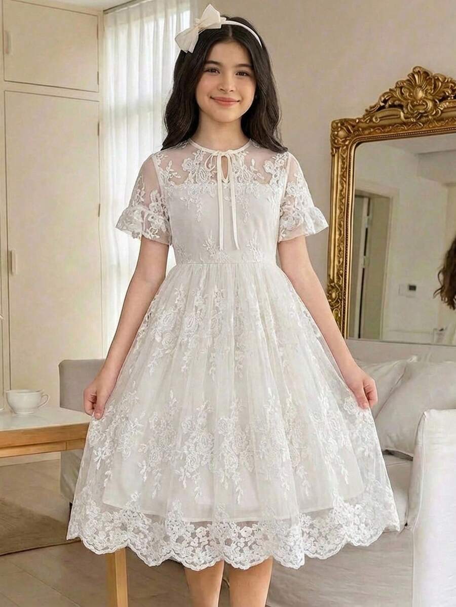 SHEIN 少女蕾丝网纱收腰连衣裙，泡泡袖，可爱甜美，适合派对、日常、公园等场合，百搭公主裙 - 杏色 - 查看 1