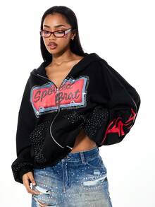 SUMWON WOMEN 镶钻拉链连帽衫，正面印花，饰有火焰图案 - 黑色 - 查看 4