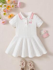 SHEIN 女婴纯色可爱樱桃刺绣Polo领连衣裙，夏季 - 白色 - 查看 3
