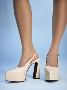 Sugerpunk Women's Sexy Thick Heel 12cm High Heel Sandals PU Material Summer Daily Wear Versatile Fashion Pointed Beige Thick Sole Waterproof Table High Heels - Off-white 1 - View 3