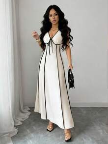 Elenzga Chaleco elegante de mujer para ir al trabajo, con cuello en V, lazo y recorte negro ajustado, adecuado para bodas, festivales, salidas diarias, casual, vestido de primavera/verano - Multicolor - Ver 7