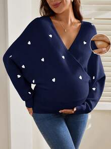 SHEIN Maternity Colorblock Heart Print V-Neck Long Sleeve Sweater - Navy Blue - View 5