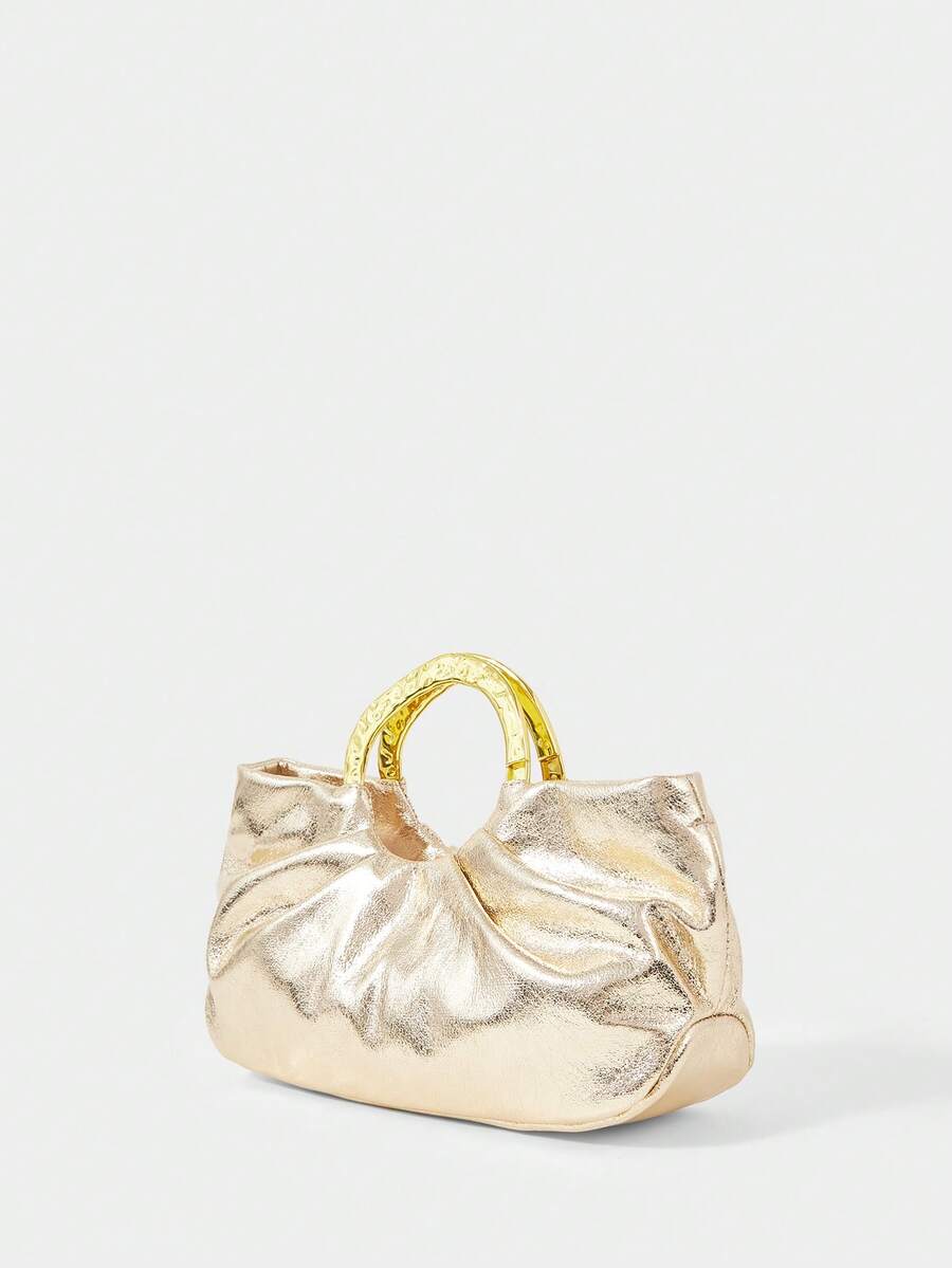 SHECARRY Women's Solid Color Pleated Elegant Handbag, Suitable For Work And Commuting - Gold - View 1