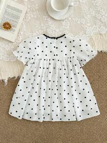 女婴百搭波点图案圆领泡泡袖连衣裙，夏季 - 黑與白 - 查看 2