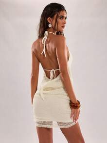 SHEIN BAE Đầm hè ôm sát màu trơn dành cho nữ, kiểu cổ yếm, dây mảnh, khoét eo. - trắng - Xem 2