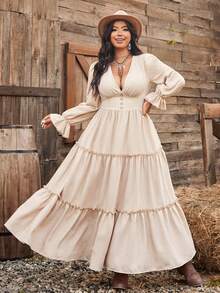 Ceyna Vestido largo con mangas farol, diseño de cordón elástico en la cintura, volantes en capas y botones de madera delanteros, para mujer, vestido romántico de vacaciones, vestido de temporada primaveral y de verano, vestido modesto, talla grande - Caqui - Ver 2