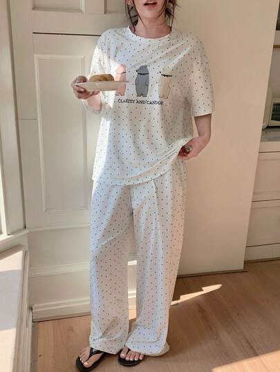 Dazy Plus 大码女式卡通熊波点印花短袖宽松上衣和裤子睡衣套装，春夏款