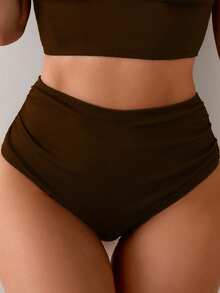 Shapewave Women's Summer Casual Vacation Ribbed High Waist Shorts, Tummy Control Black Swimsuit Bottom - Brown - View 5