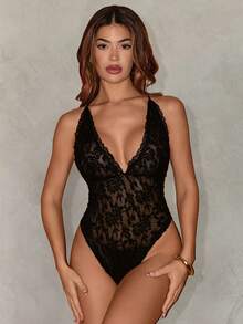 Sirith Women's Floral Lace Deep V Sexy Bodysuit - Black - View 5