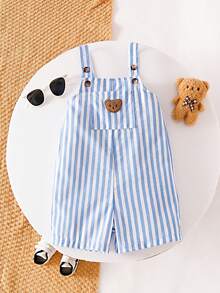 Genkimix Kids New Cute Bear Head Casual Blue & White Striped Pocket Young BoyBib & Brace Overalls - Blue and White - View 2