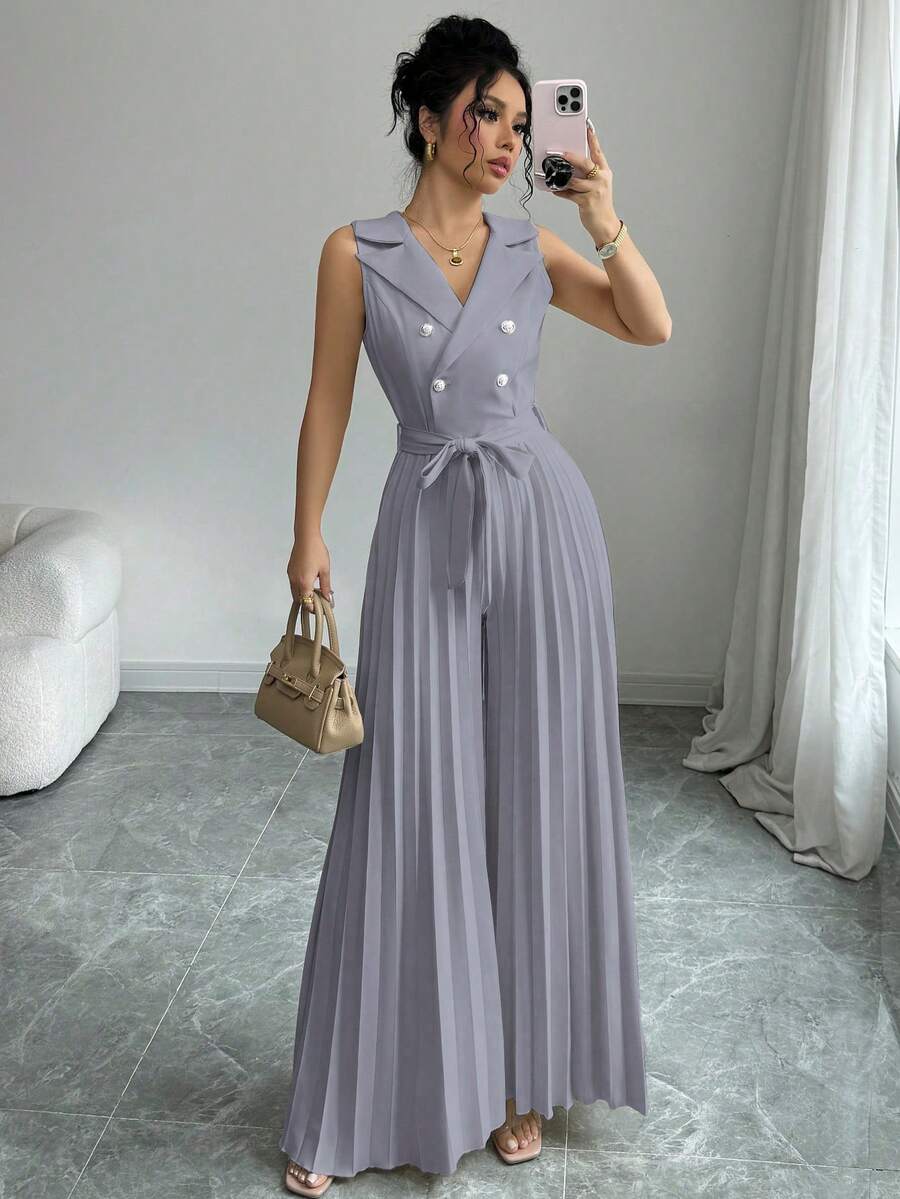 Selianne Women's Elegant Apricot Double-Breasted Design Pleated Jumpsuit, Spring/Autumn - Grey - View 1