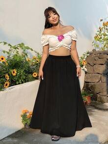 SHEIN EZwear 大码纯色简约休闲半身裙 - 黑色 - 查看 6
